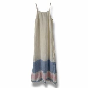 100% Linen Flowy Cream Maxi Dress with Blue and Pink Accents